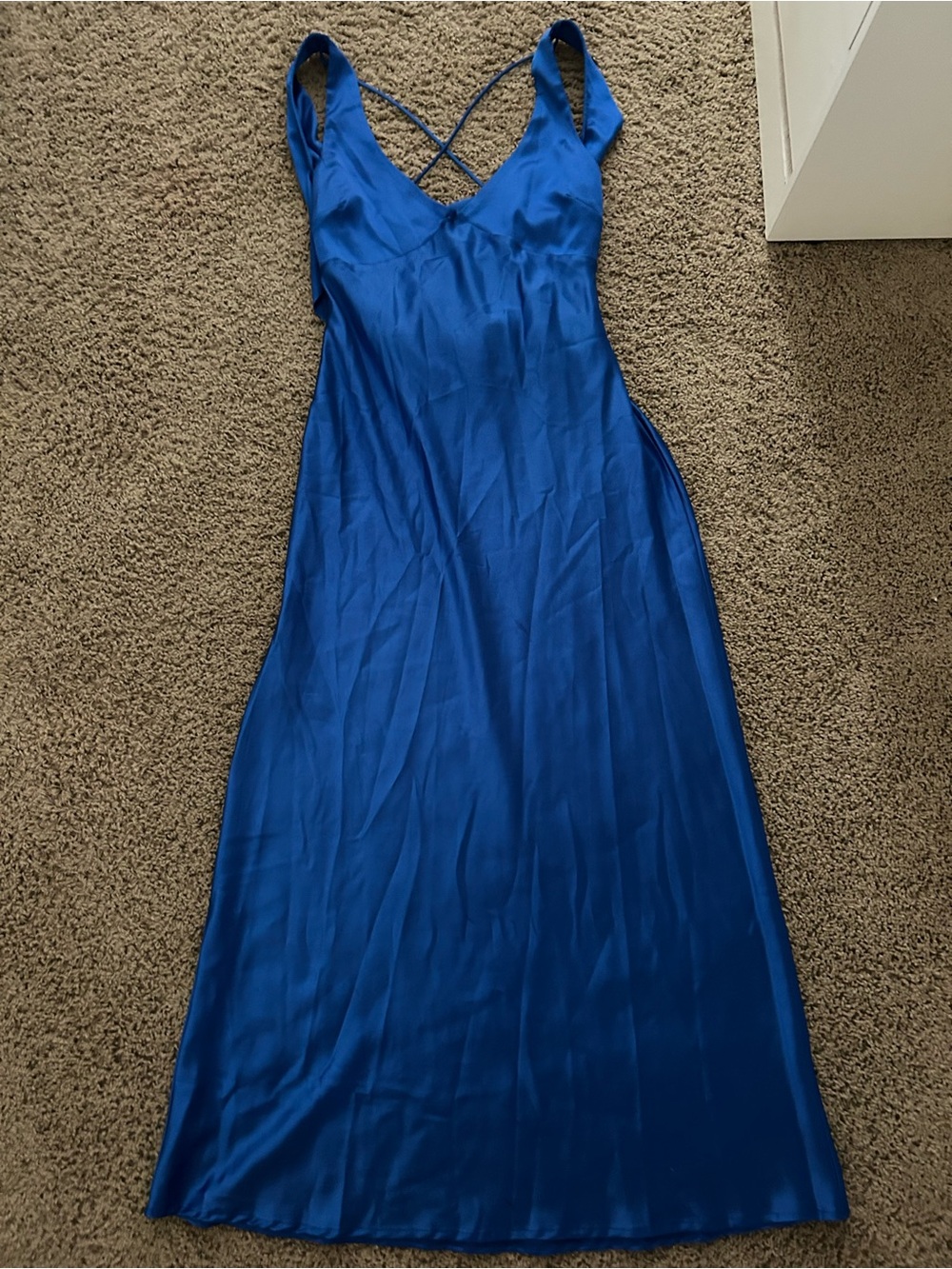 Satin Cobalt Blue Maxi Slip Dress with Crisscross Back